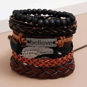 - 6 piece set mens leather braided bracelets adjusts to fit most
